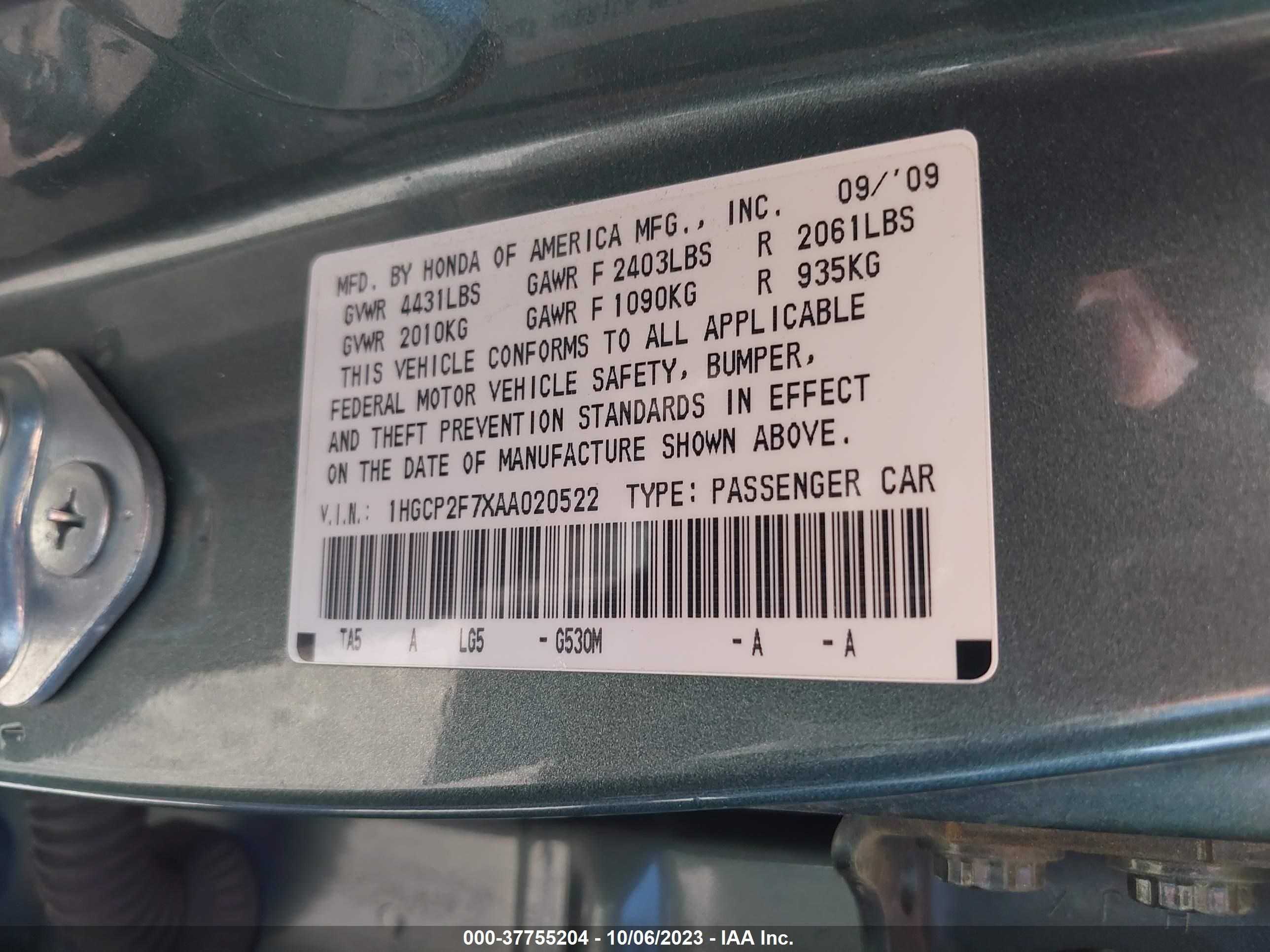 Photo 8 VIN: 1HGCP2F7XAA020522 - HONDA ACCORD 