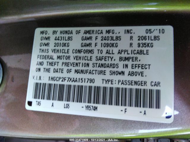 Photo 8 VIN: 1HGCP2F7XAA151790 - HONDA ACCORD SDN 