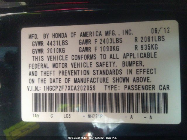 Photo 8 VIN: 1HGCP2F7XCA202059 - HONDA ACCORD SDN 