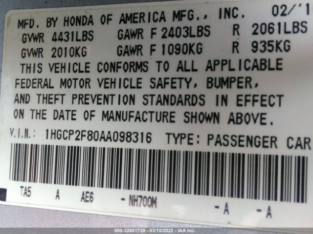 Photo 8 VIN: 1HGCP2F80AA098316 - HONDA ACCORD SDN 