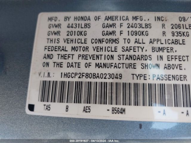 Photo 8 VIN: 1HGCP2F80BA023049 - HONDA ACCORD 