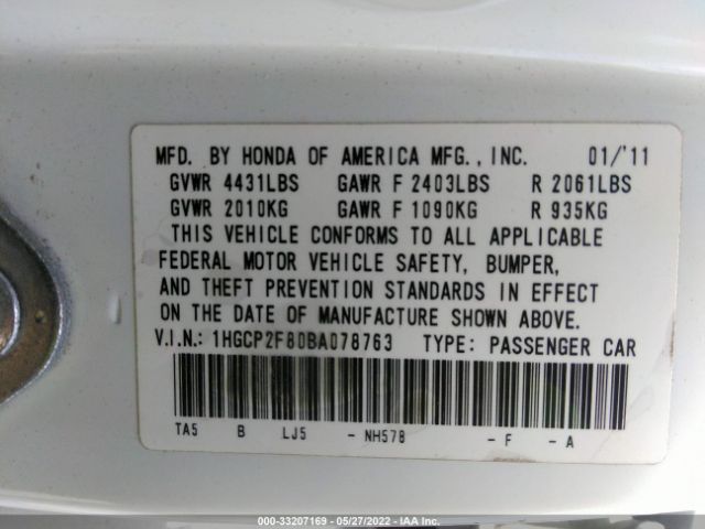 Photo 8 VIN: 1HGCP2F80BA078763 - HONDA ACCORD SDN 