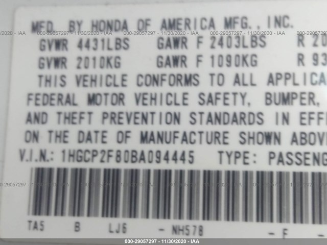 Photo 8 VIN: 1HGCP2F80BA094445 - HONDA ACCORD SDN 