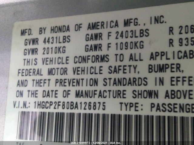 Photo 8 VIN: 1HGCP2F80BA126875 - HONDA ACCORD SDN 