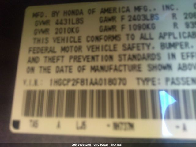 Photo 8 VIN: 1HGCP2F81AA018070 - HONDA ACCORD SDN 