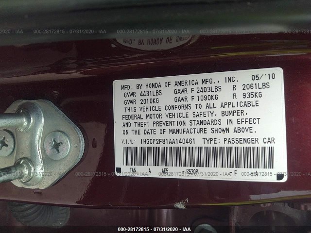 Photo 8 VIN: 1HGCP2F81AA140461 - HONDA ACCORD SDN 