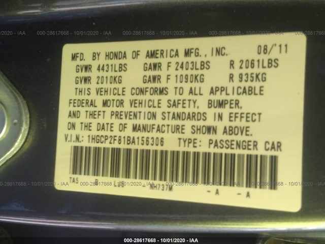 Photo 8 VIN: 1HGCP2F81BA156306 - HONDA ACCORD SDN 