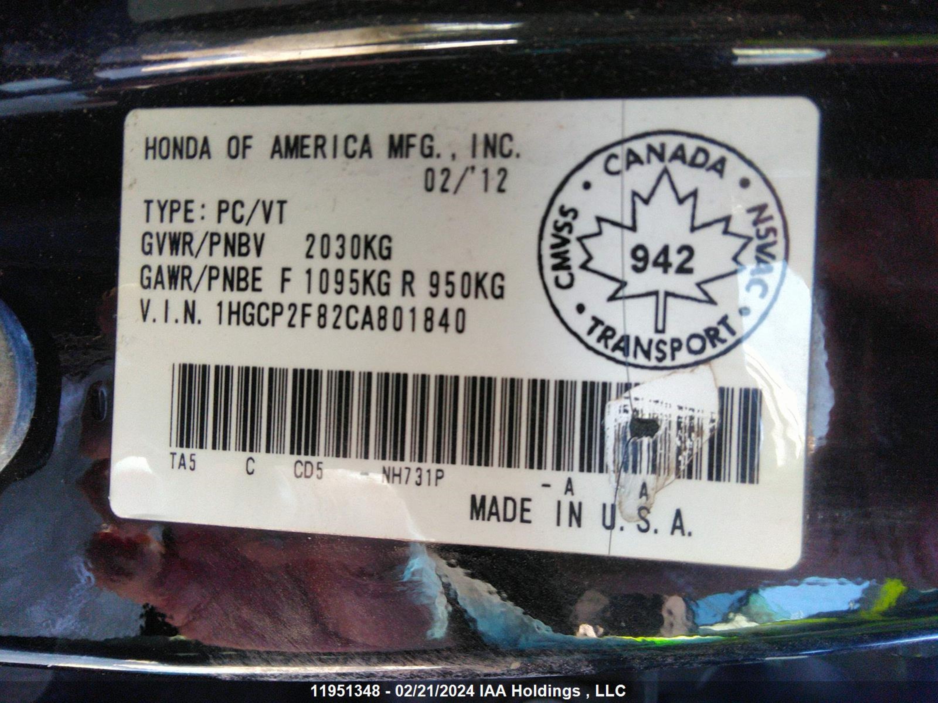 Photo 8 VIN: 1HGCP2F82CA801840 - HONDA ACCORD 