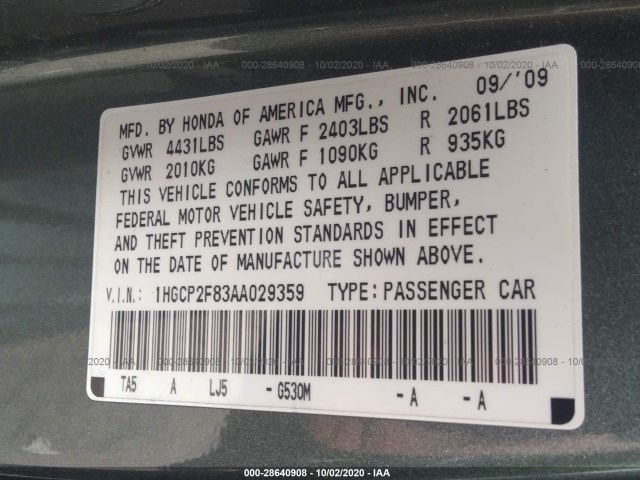 Photo 8 VIN: 1HGCP2F83AA029359 - HONDA ACCORD SDN 