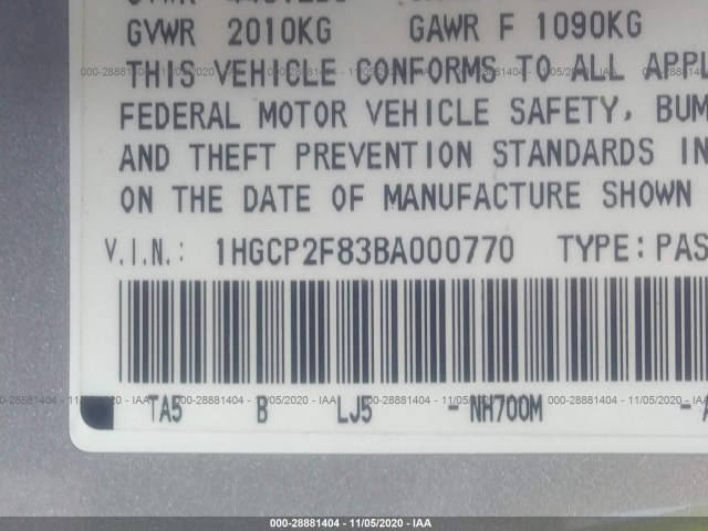 Photo 8 VIN: 1HGCP2F83BA000770 - HONDA ACCORD SDN 