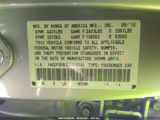 Photo 8 VIN: 1HGCP2F83BA016841 - HONDA ACCORD SDN 