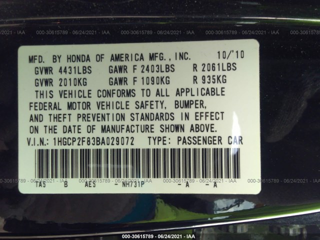 Photo 8 VIN: 1HGCP2F83BA029072 - HONDA ACCORD SDN 