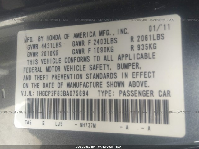 Photo 8 VIN: 1HGCP2F83BA075694 - HONDA ACCORD SDN 