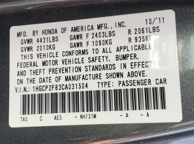 Photo 9 VIN: 1HGCP2F83CA031504 - HONDA ACCORD EXL 