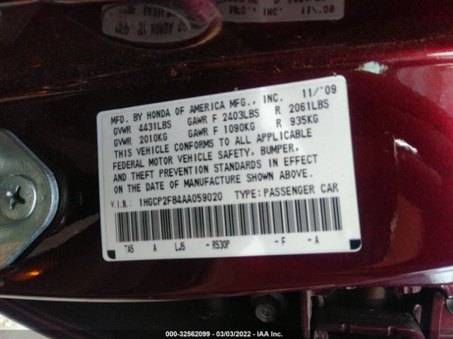 Photo 8 VIN: 1HGCP2F84AA059020 - HONDA ACCORD SDN 