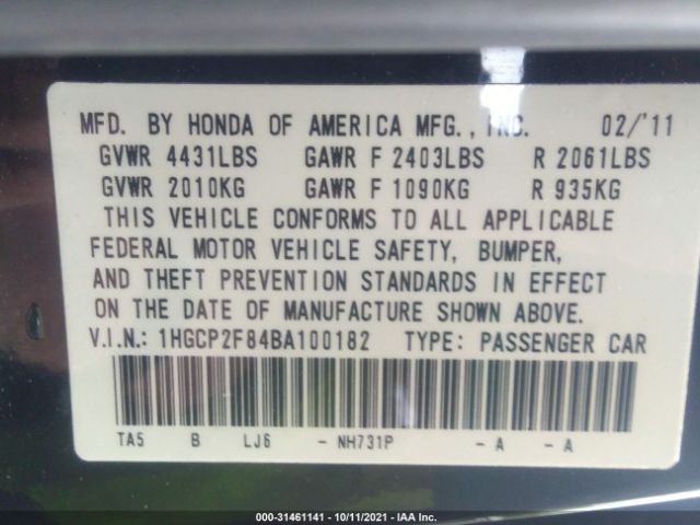 Photo 8 VIN: 1HGCP2F84BA100182 - HONDA ACCORD SDN 