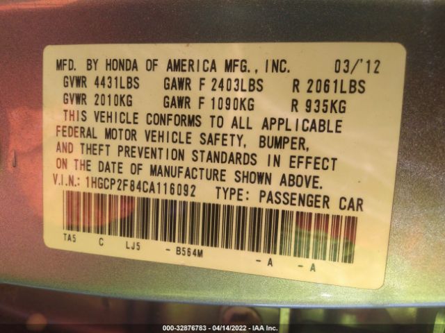 Photo 8 VIN: 1HGCP2F84CA116092 - HONDA ACCORD SDN 