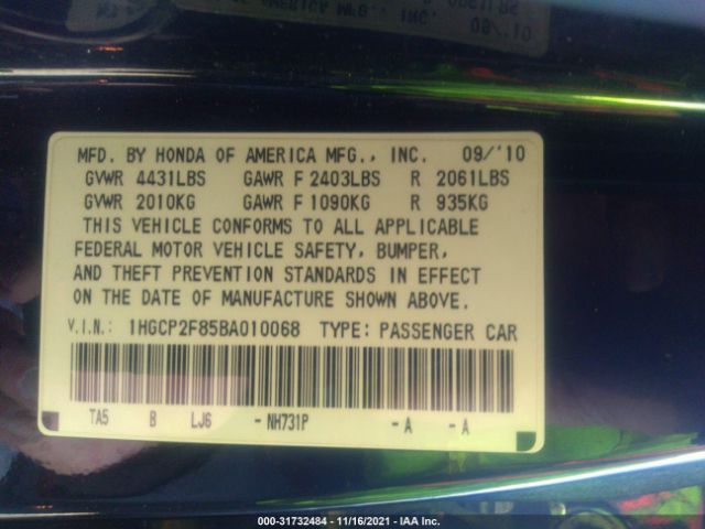 Photo 8 VIN: 1HGCP2F85BA010068 - HONDA ACCORD SDN 