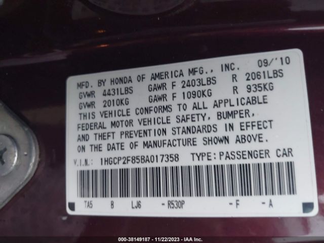 Photo 8 VIN: 1HGCP2F85BA017358 - HONDA ACCORD 