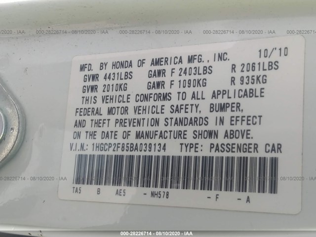 Photo 8 VIN: 1HGCP2F85BA039134 - HONDA ACCORD SDN 