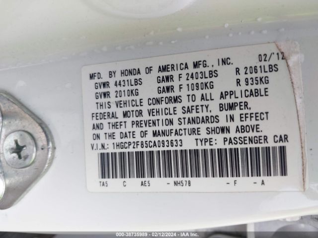 Photo 8 VIN: 1HGCP2F85CA093633 - HONDA ACCORD 