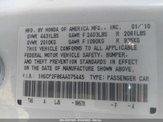 Photo 8 VIN: 1HGCP2F86AA075445 - HONDA ACCORD SDN 