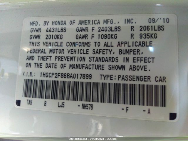 Photo 8 VIN: 1HGCP2F86BA017899 - HONDA ACCORD 