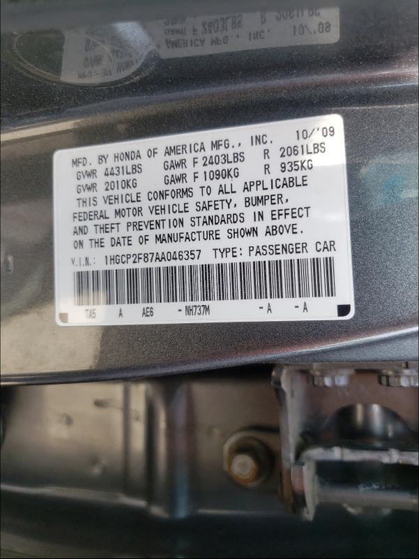 Photo 9 VIN: 1HGCP2F87AA046357 - HONDA ACCORD EXL 