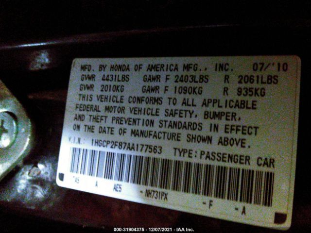 Photo 8 VIN: 1HGCP2F87AA177563 - HONDA ACCORD SDN 