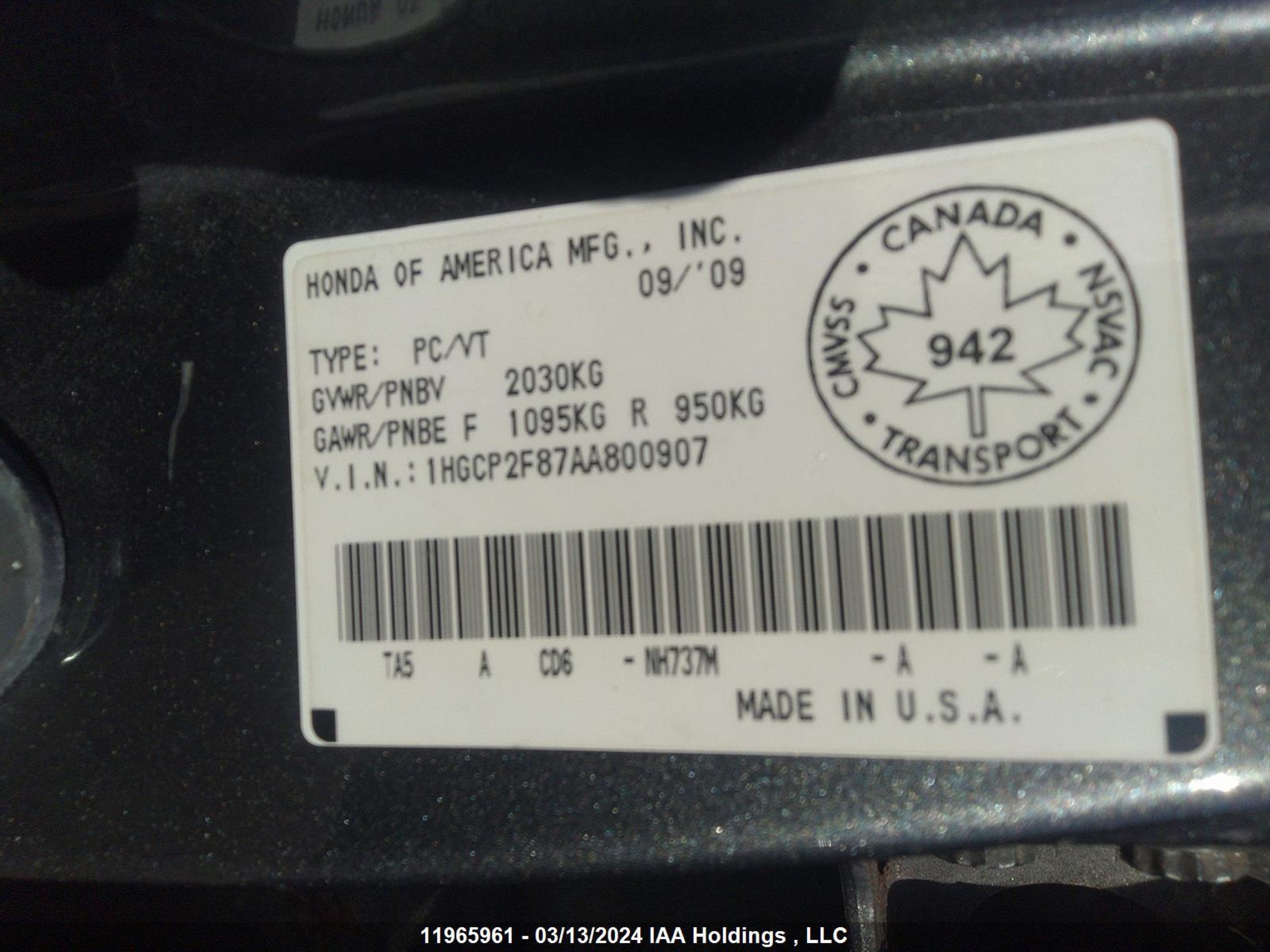 Photo 8 VIN: 1HGCP2F87AA800907 - HONDA ACCORD 