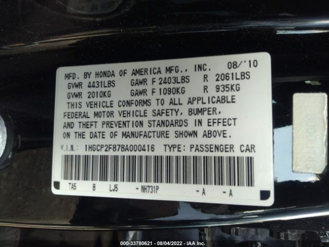 Photo 8 VIN: 1HGCP2F87BA000416 - HONDA ACCORD SDN 