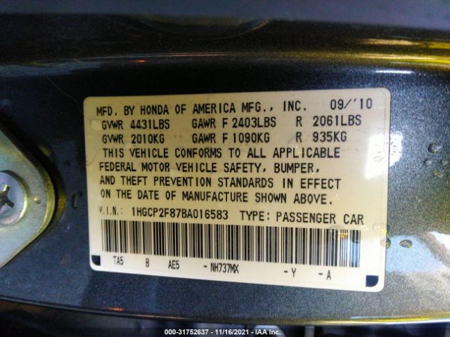 Photo 8 VIN: 1HGCP2F87BA016583 - HONDA ACCORD SDN 