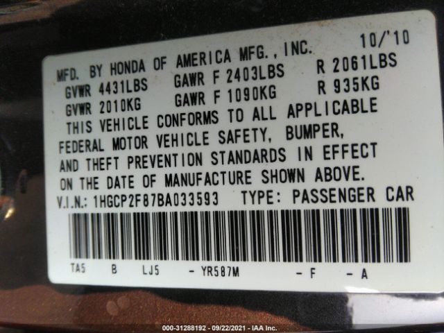 Photo 8 VIN: 1HGCP2F87BA033593 - HONDA ACCORD SDN 