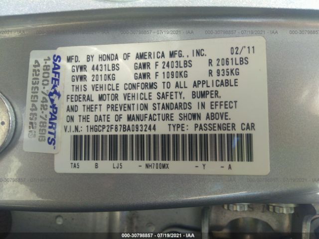 Photo 8 VIN: 1HGCP2F87BA093244 - HONDA ACCORD SDN 