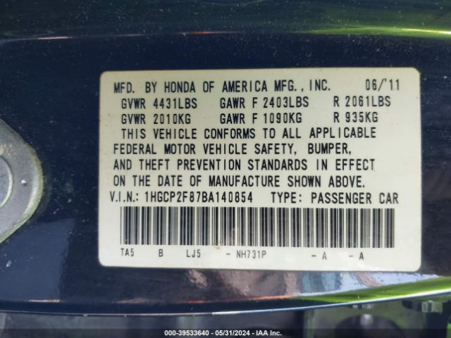 Photo 8 VIN: 1HGCP2F87BA140854 - HONDA ACCORD 