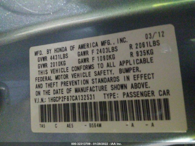 Photo 8 VIN: 1HGCP2F87CA132531 - HONDA ACCORD SDN 