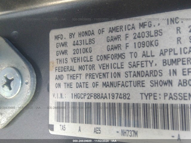 Photo 8 VIN: 1HGCP2F88AA197482 - HONDA ACCORD SDN 