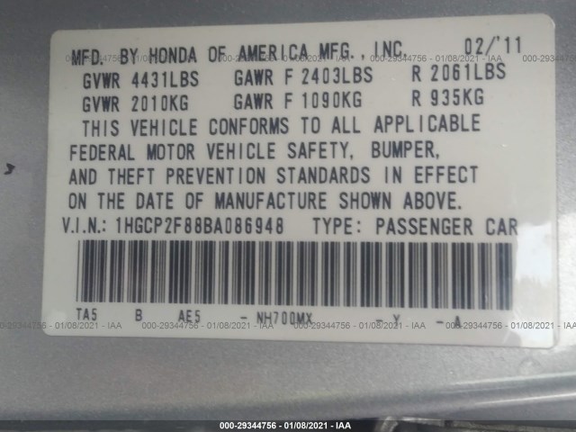 Photo 8 VIN: 1HGCP2F88BA086948 - HONDA ACCORD SDN 