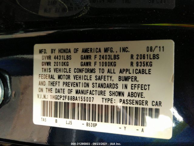 Photo 8 VIN: 1HGCP2F88BA155007 - HONDA ACCORD SDN 