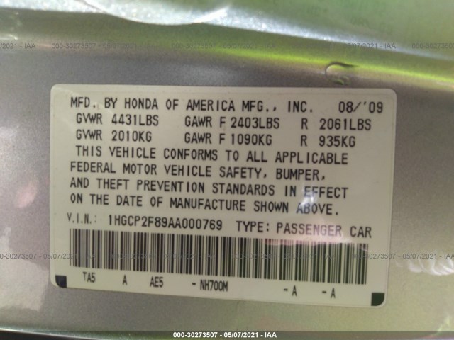 Photo 8 VIN: 1HGCP2F89AA000769 - HONDA ACCORD SDN 