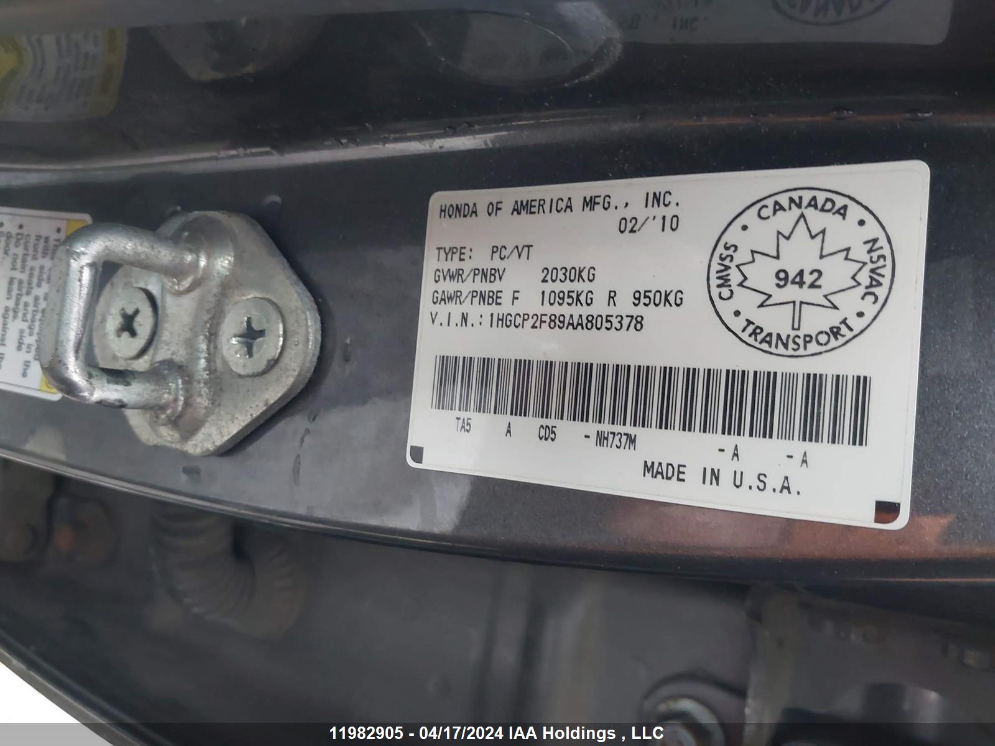 Photo 8 VIN: 1HGCP2F89AA805378 - HONDA ACCORD 