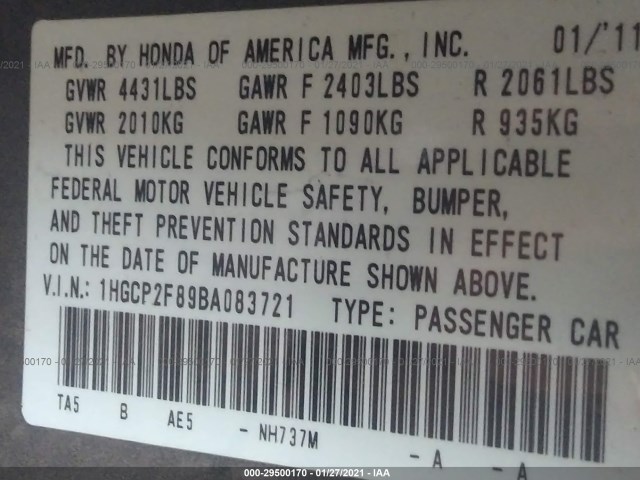 Photo 8 VIN: 1HGCP2F89BA083721 - HONDA ACCORD SDN 