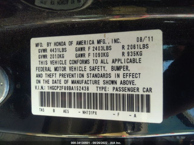 Photo 8 VIN: 1HGCP2F89BA152438 - HONDA ACCORD SDN 