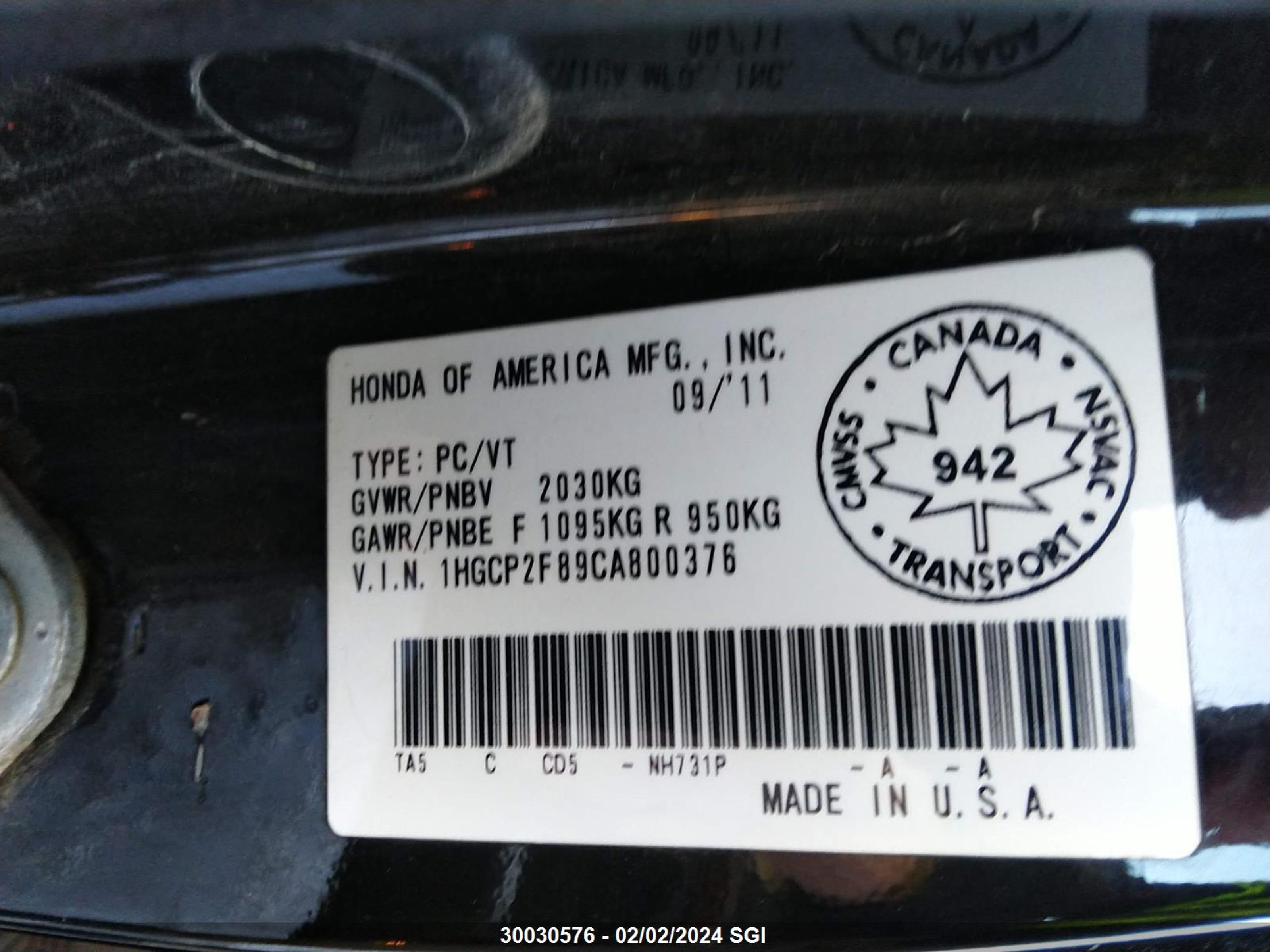 Photo 8 VIN: 1HGCP2F89CA800376 - HONDA ACCORD 