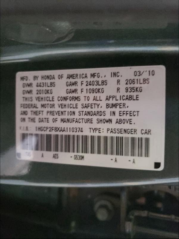 Photo 9 VIN: 1HGCP2F8XAA110374 - HONDA ACCORD EXL 