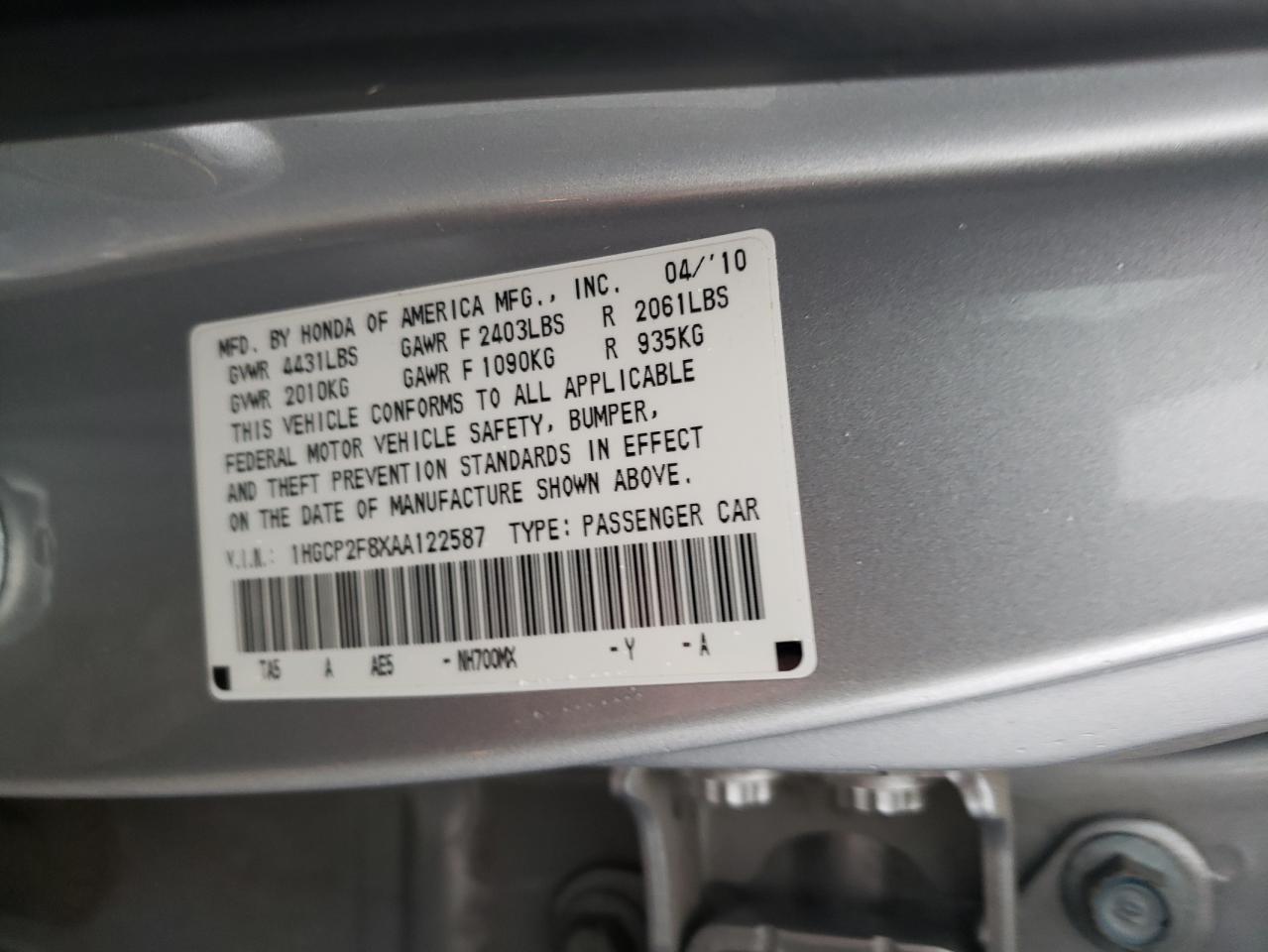 Photo 11 VIN: 1HGCP2F8XAA122587 - HONDA ACCORD 