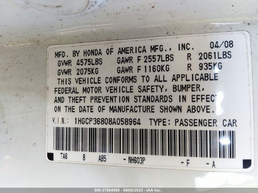 Photo 8 VIN: 1HGCP36808A058964 - HONDA ACCORD 