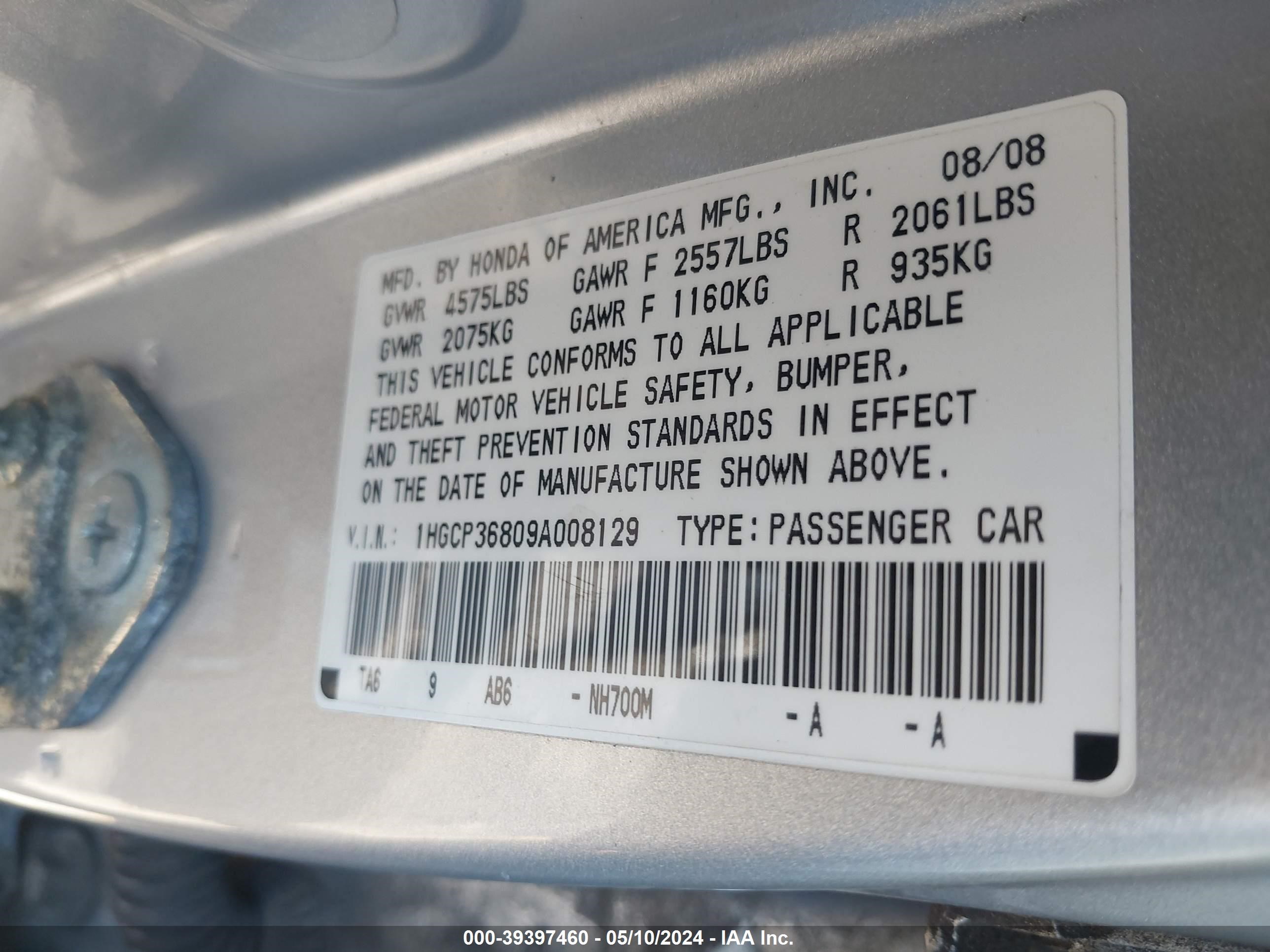 Photo 8 VIN: 1HGCP36809A008129 - HONDA ACCORD 