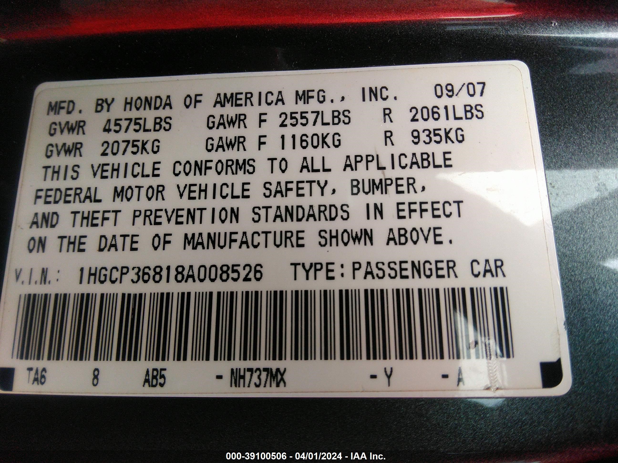 Photo 8 VIN: 1HGCP36818A008526 - HONDA ACCORD 