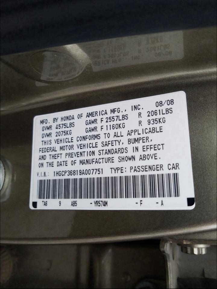 Photo 9 VIN: 1HGCP36819A007751 - HONDA ACCORD EXL 